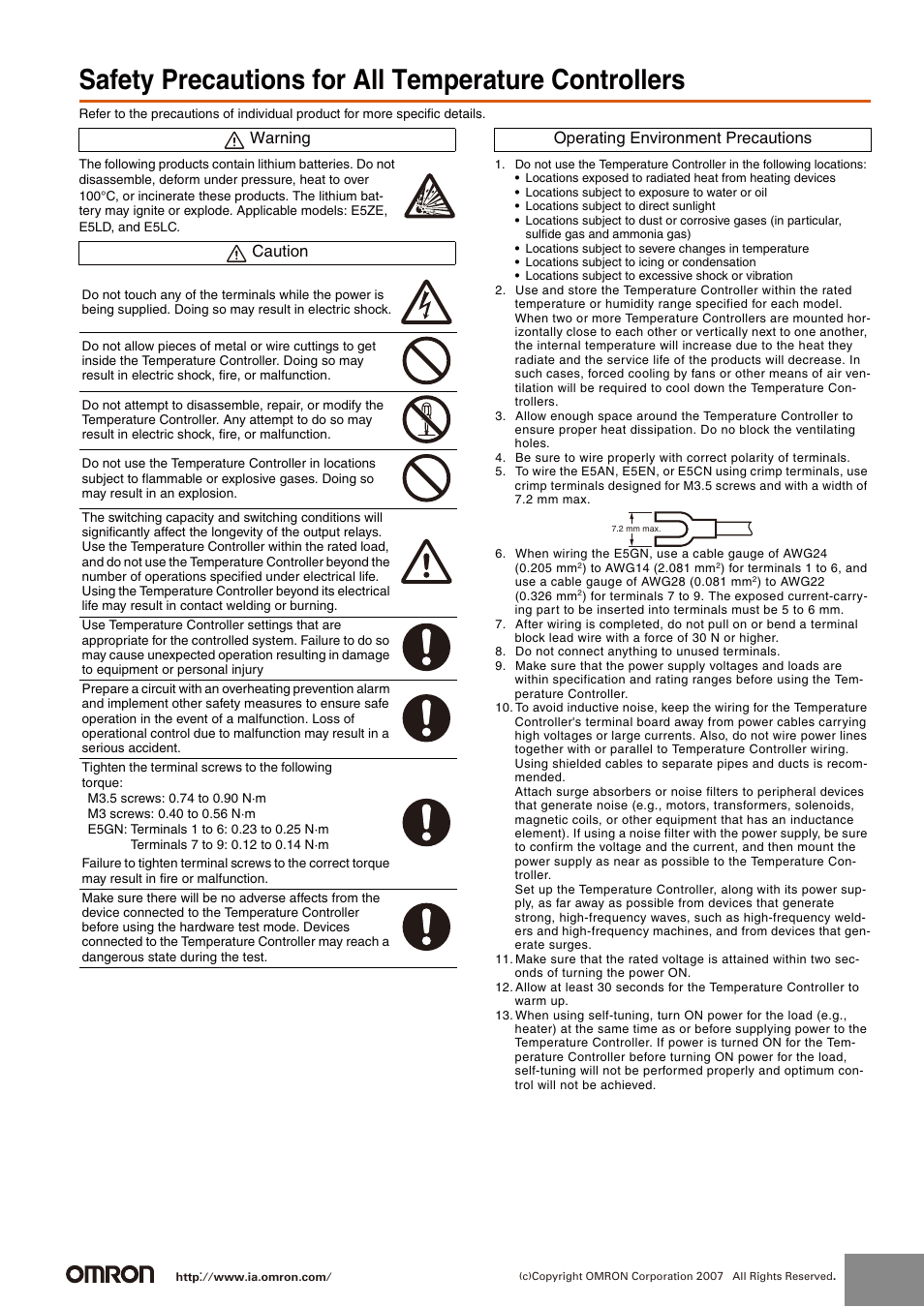 Safety precautions for all temperature controllers | Omron DeviceNet Communications Unit E5ZN-DRT User Manual | Page 6 / 9