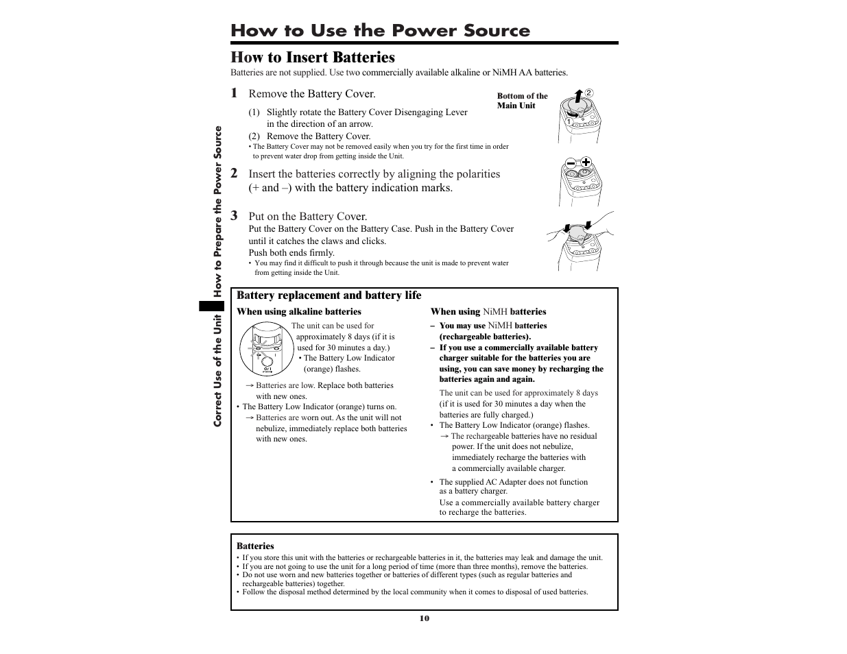 How to use the power source, Ho w to insert batteries | Omron NE-U22V User Manual | Page 10 / 72