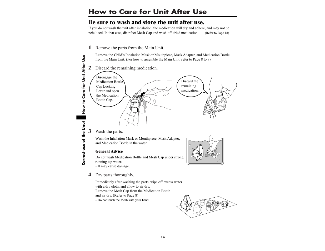 How to care for unit after use, Be sur e to wash and store the unit after use | Omron NE-U22V User Manual | Page 16 / 72