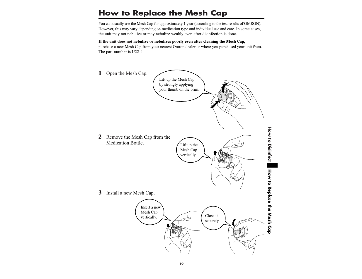 How to replace the mesh cap | Omron NE-U22V User Manual | Page 19 / 72