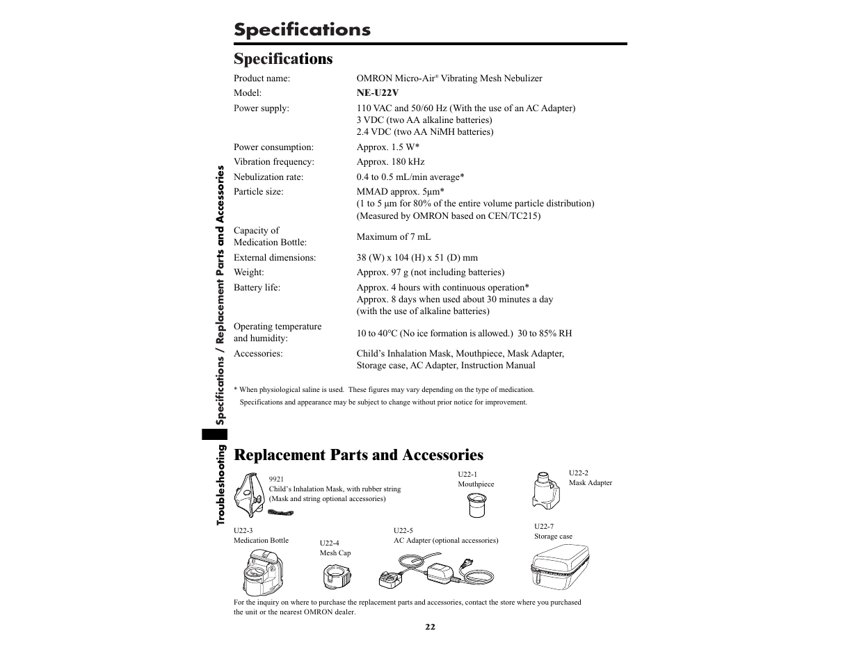 Specifications, Specifica tions replacement parts and accessories | Omron NE-U22V User Manual | Page 22 / 72