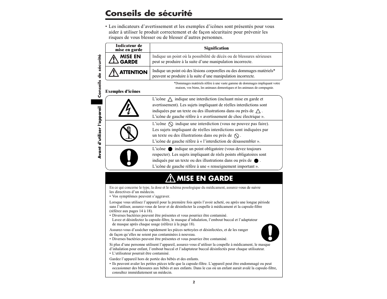 Conseils de sécurité, Mise en garde | Omron NE-U22V User Manual | Page 26 / 72