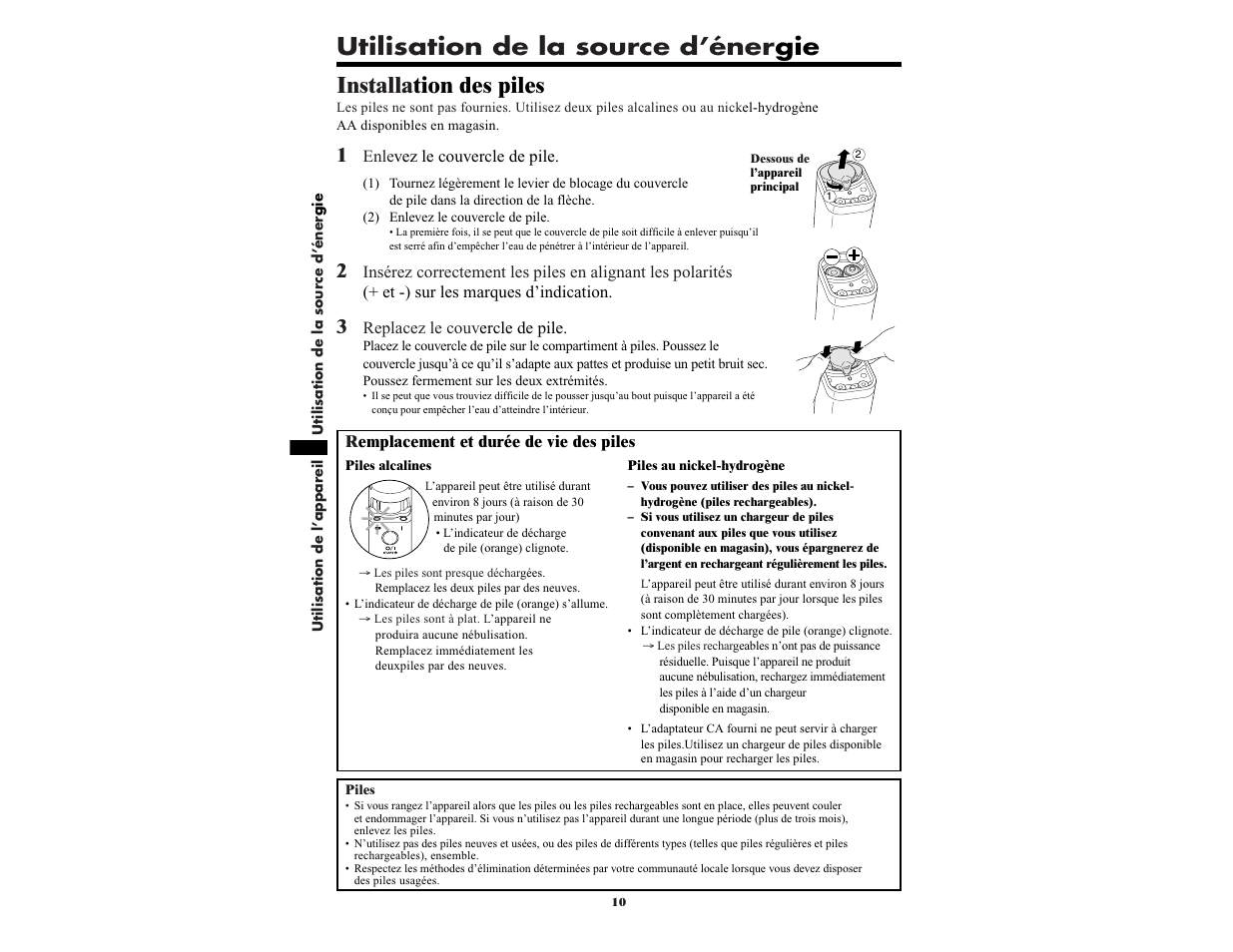Utilisation de la source d’éner gie, Installa tion des piles | Omron NE-U22V User Manual | Page 34 / 72