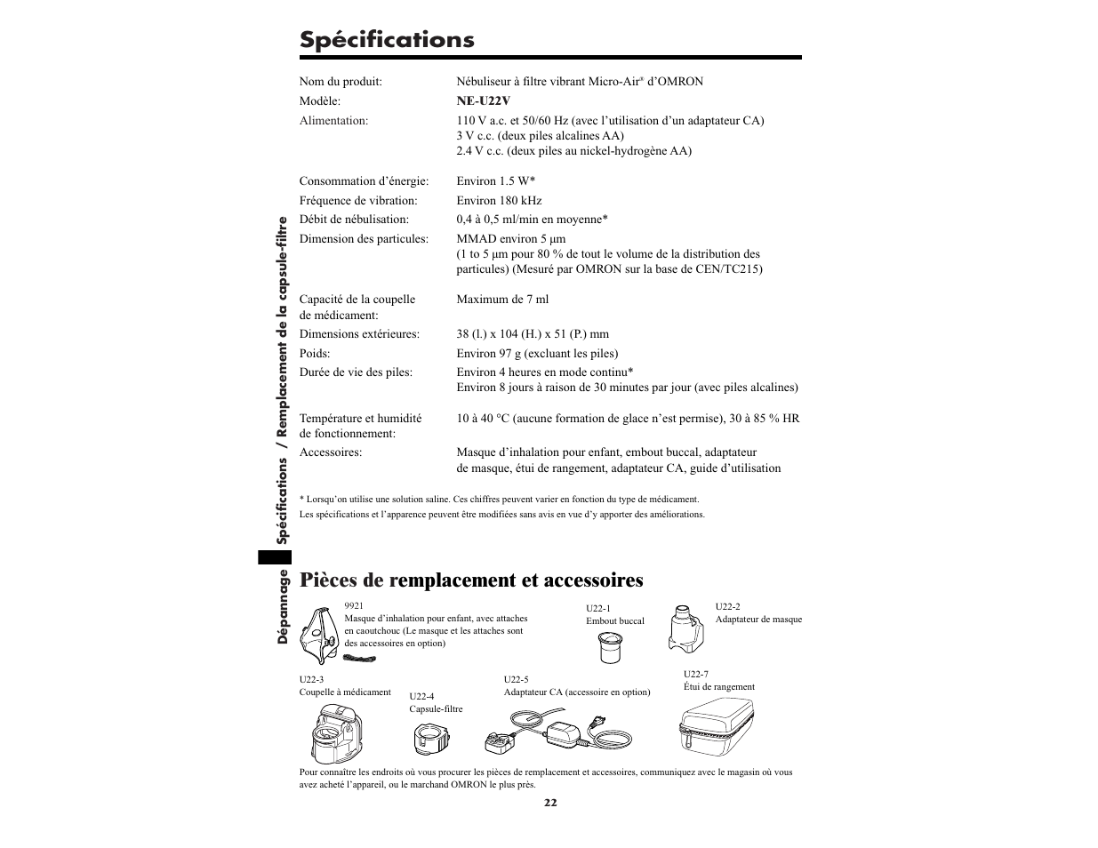 Spécifications, Pièces de r emplacement et accessoires | Omron NE-U22V User Manual | Page 46 / 72