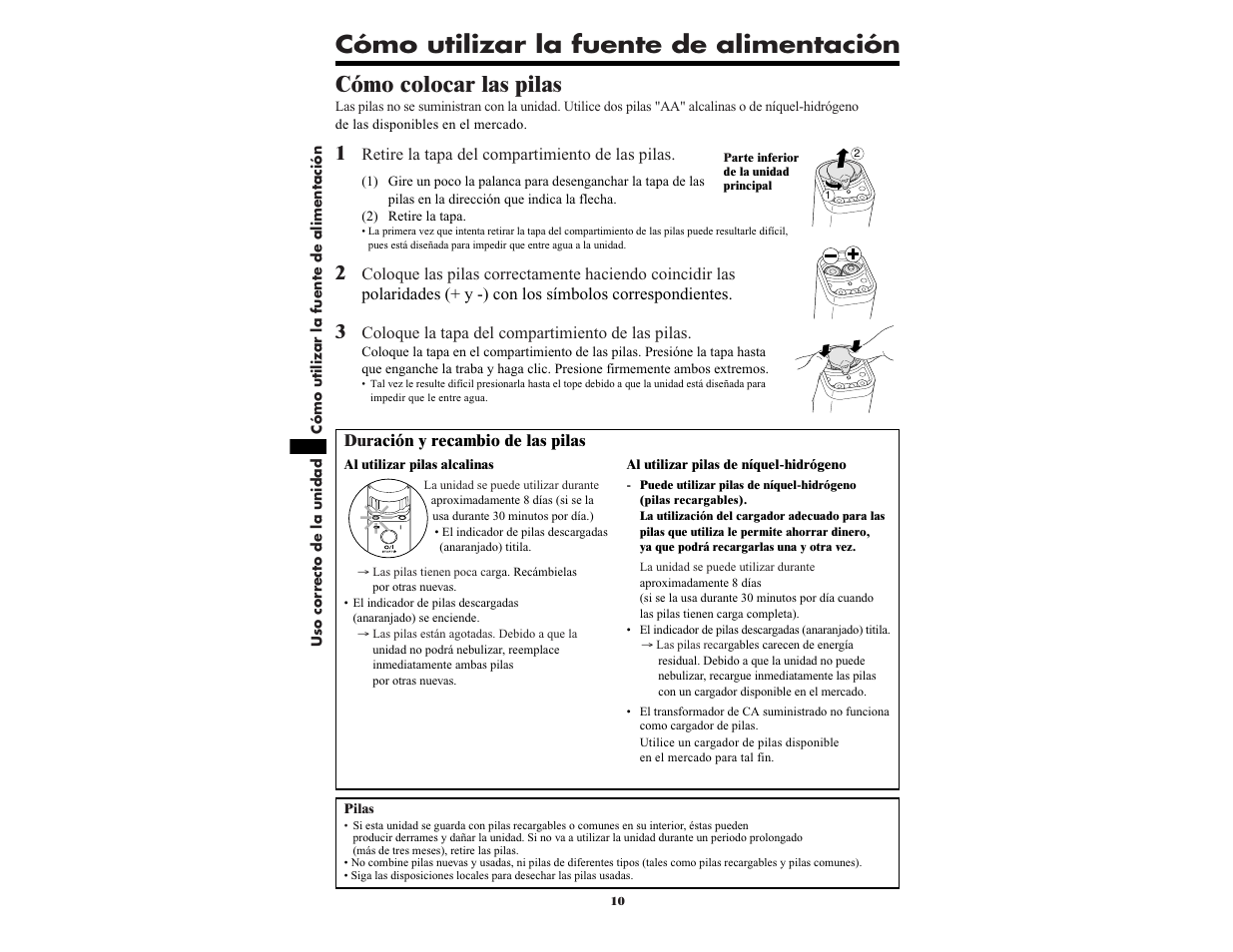 Cómo utilizar la fuente de alimentación, Cómo colocar las pilas | Omron NE-U22V User Manual | Page 58 / 72