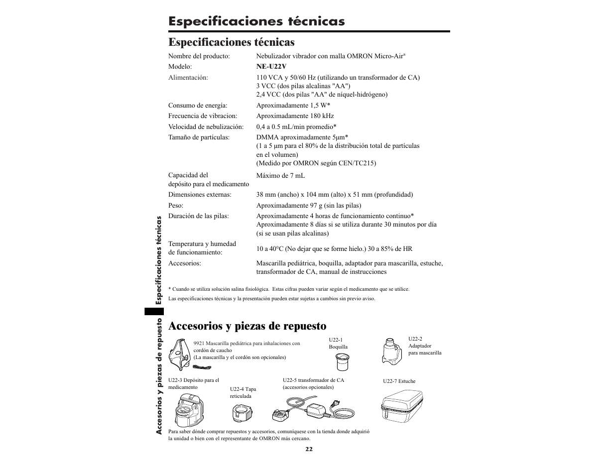 Especificaciones técnicas | Omron NE-U22V User Manual | Page 70 / 72