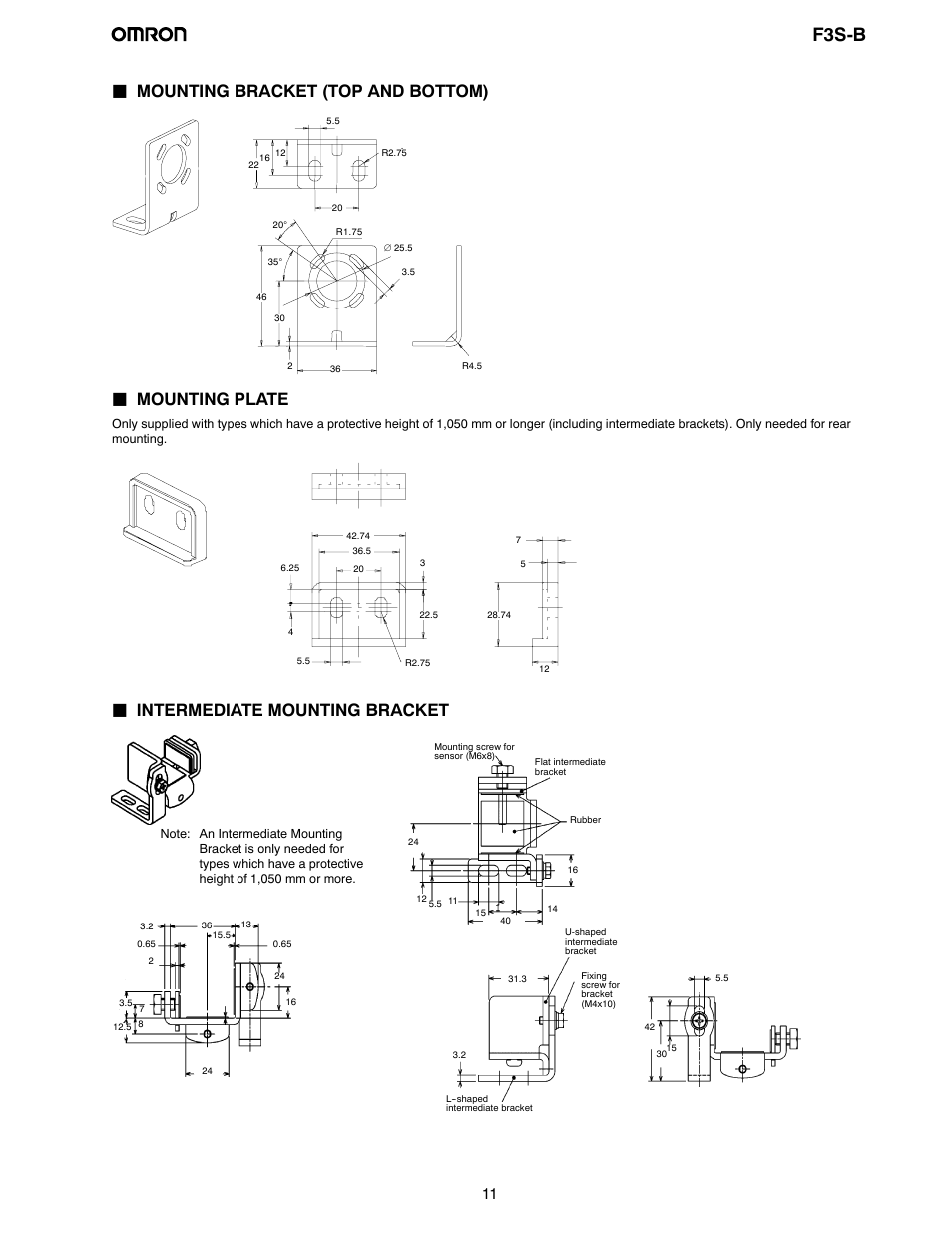 F3s-b, Jmounting bracket (top and bottom), Jmounting plate | Jintermediate mounting bracket | Omron F3S-B User Manual | Page 10 / 20