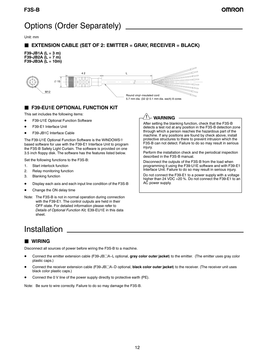 Options (order separately), Installation, F3s-b | Jf39-eu1e optional function kit, Jwiring | Omron F3S-B User Manual | Page 11 / 20