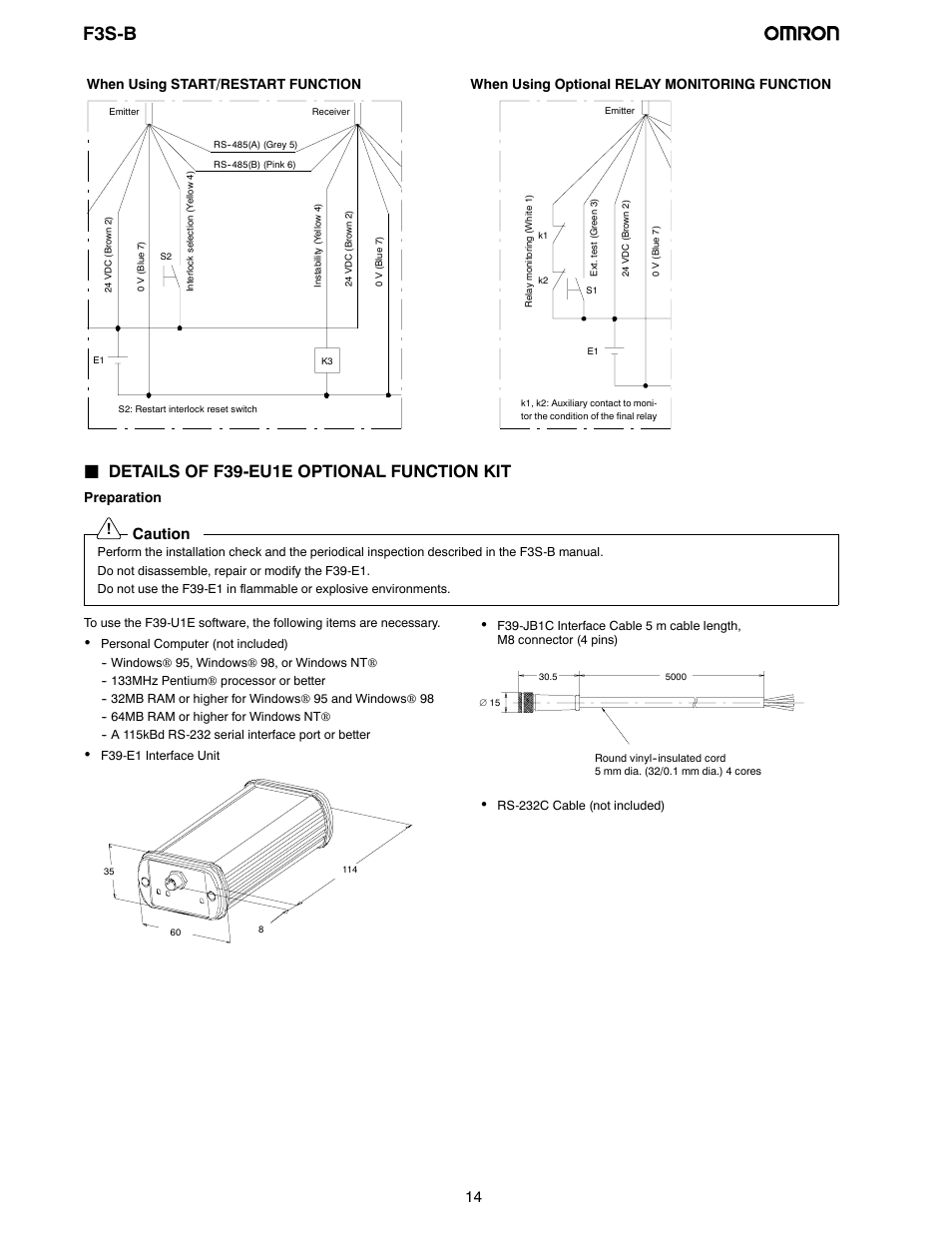 F3s-b, Jdetails of f39-eu1e optional function kit, Caution | Preparation | Omron F3S-B User Manual | Page 13 / 20