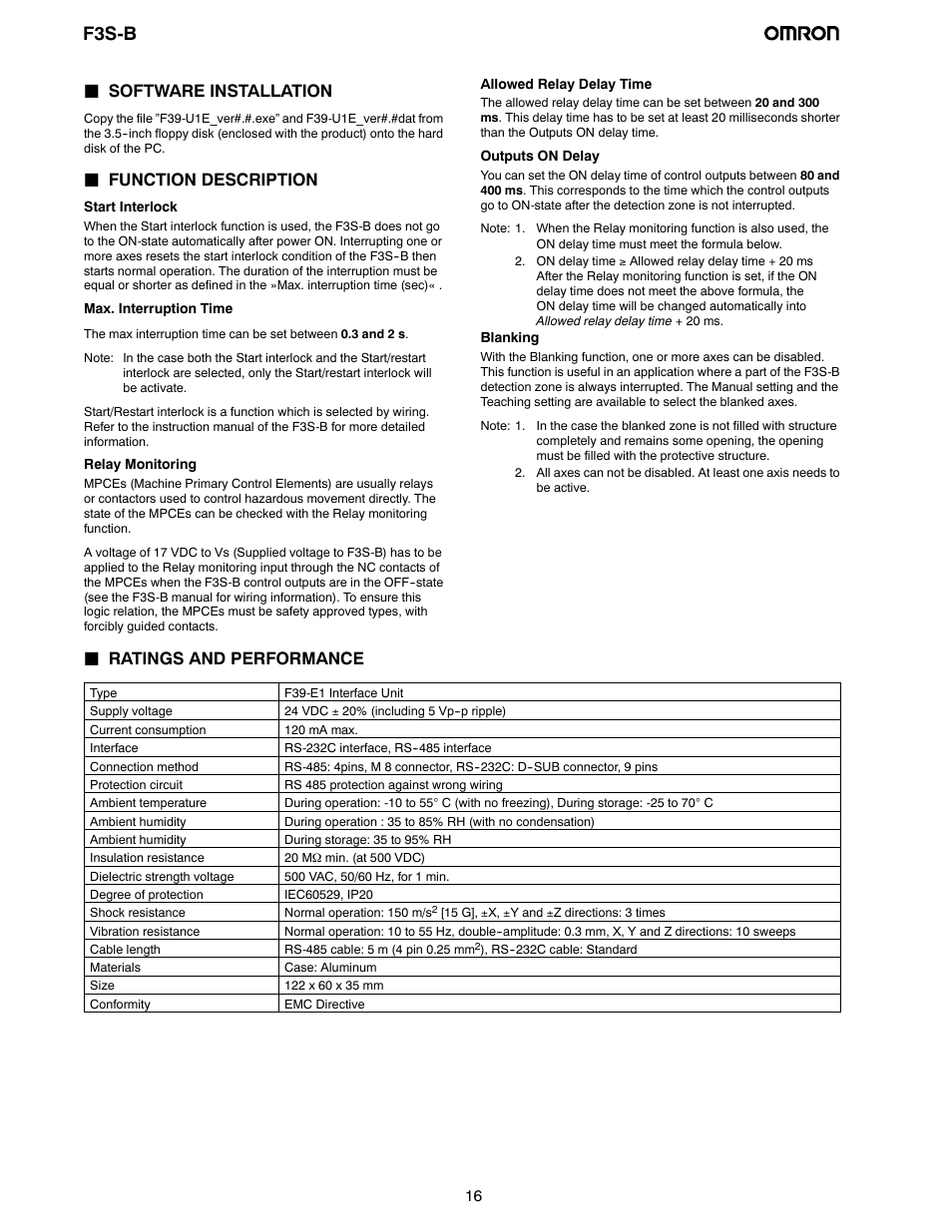 F3s-b, Jsoftware installation, Jfunction description | Jratings and performance | Omron F3S-B User Manual | Page 15 / 20