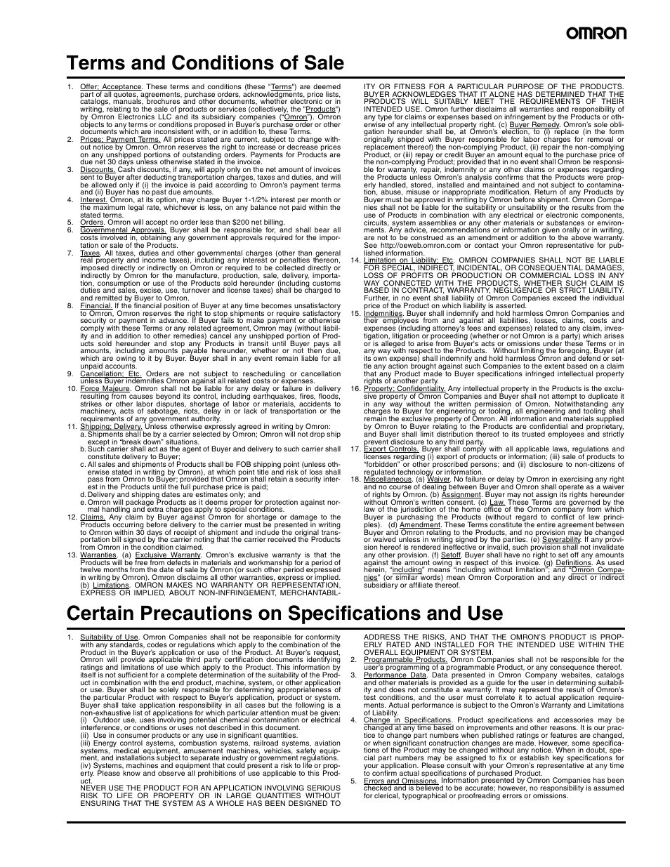 Terms and conditions of sale, Certain precautions on specifications and use | Omron F3S-B User Manual | Page 19 / 20