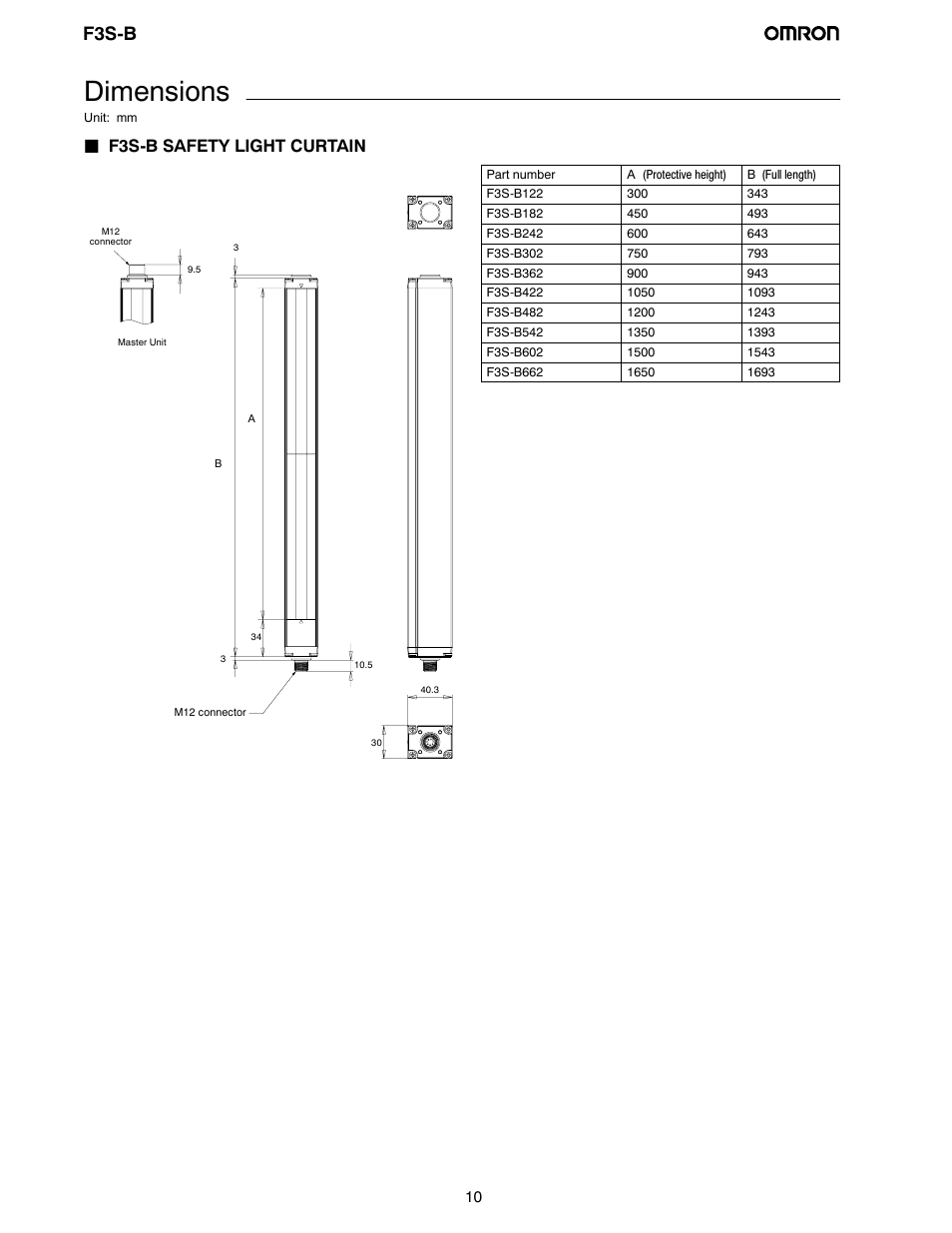 Dimensions, F3s-b, Jf3s-b safety light curtain | Omron F3S-B User Manual | Page 9 / 20