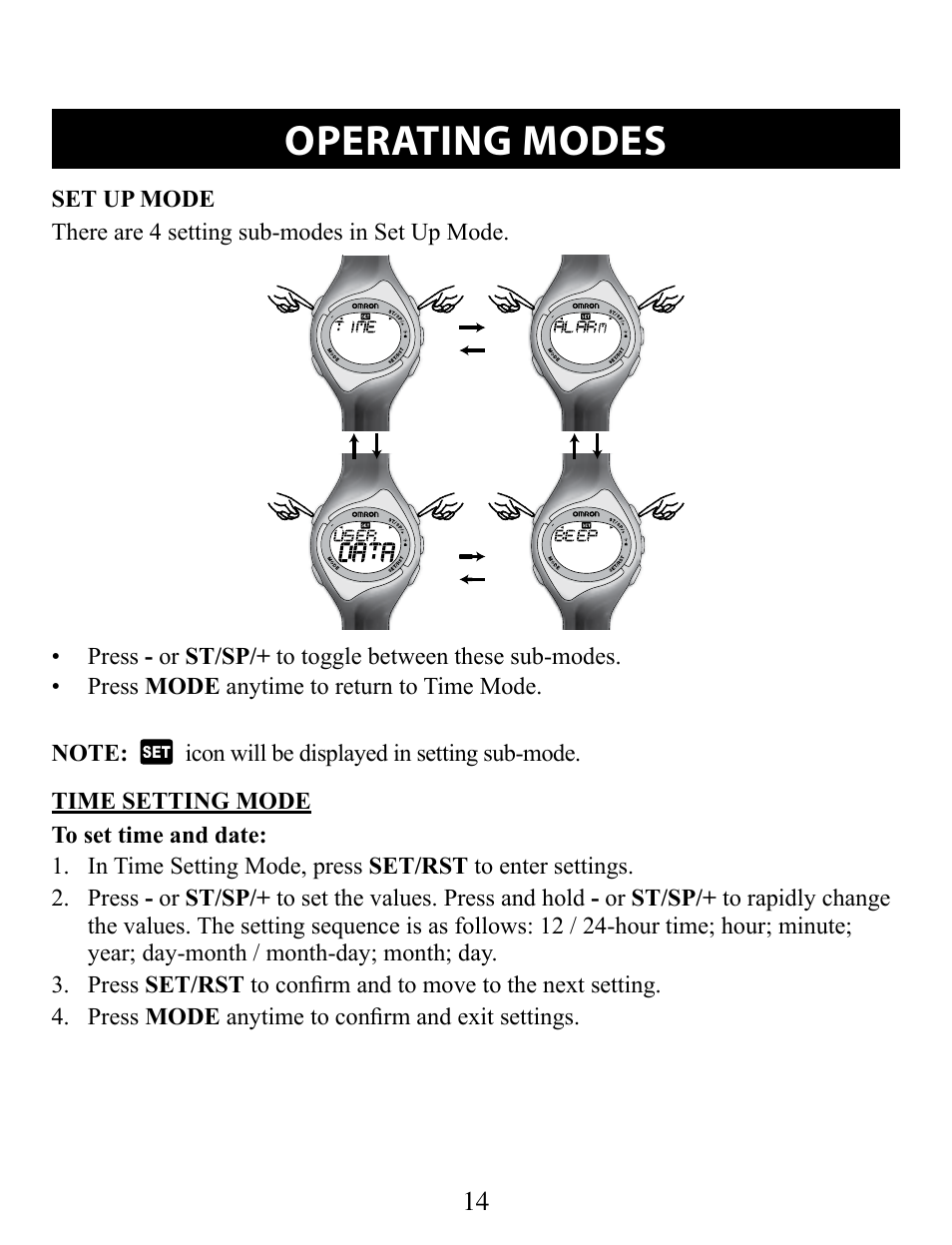 Set up mode, Time setting mode, Operating modes | Omron STRAPLESS HR-210 User Manual | Page 14 / 23