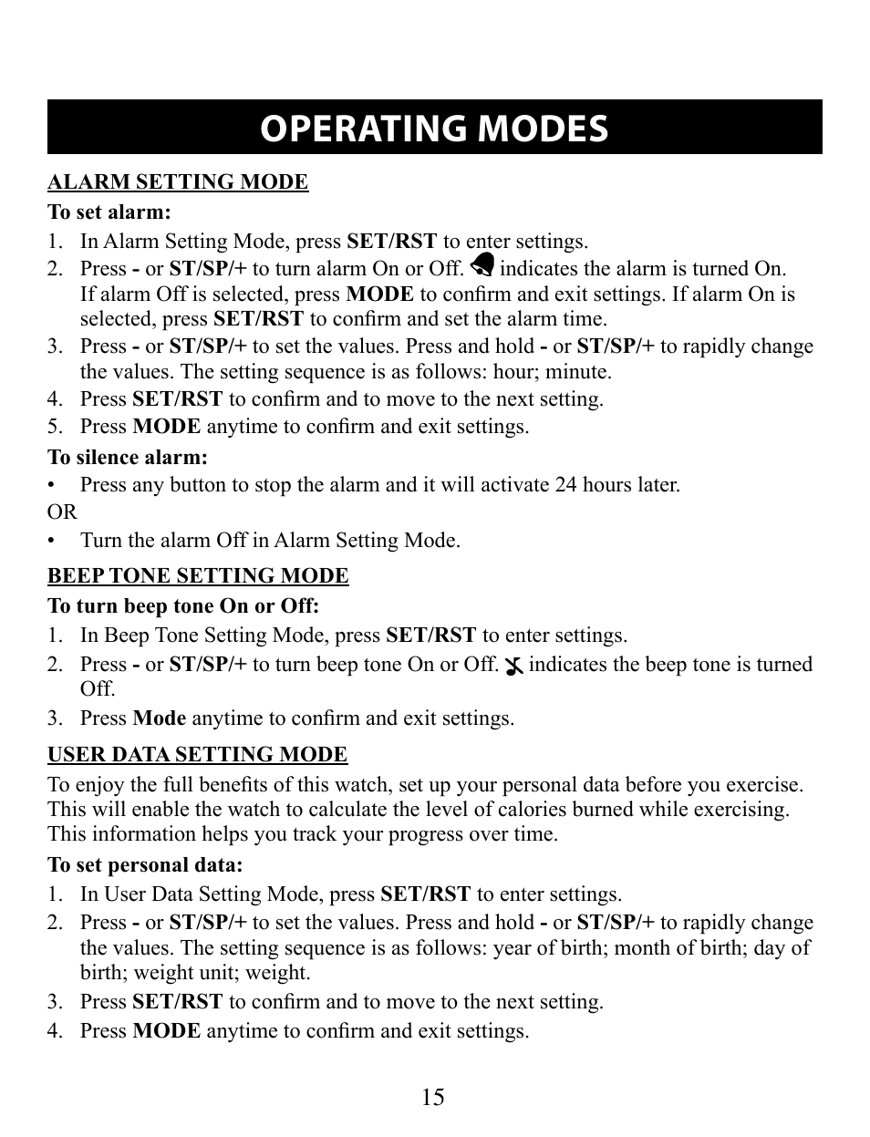 Alarm setting mode, Beep tone setting mode, User data setting mode | Operating modes | Omron STRAPLESS HR-210 User Manual | Page 15 / 23