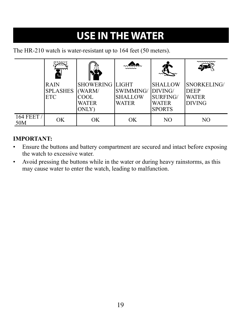 Use in the water | Omron STRAPLESS HR-210 User Manual | Page 19 / 23