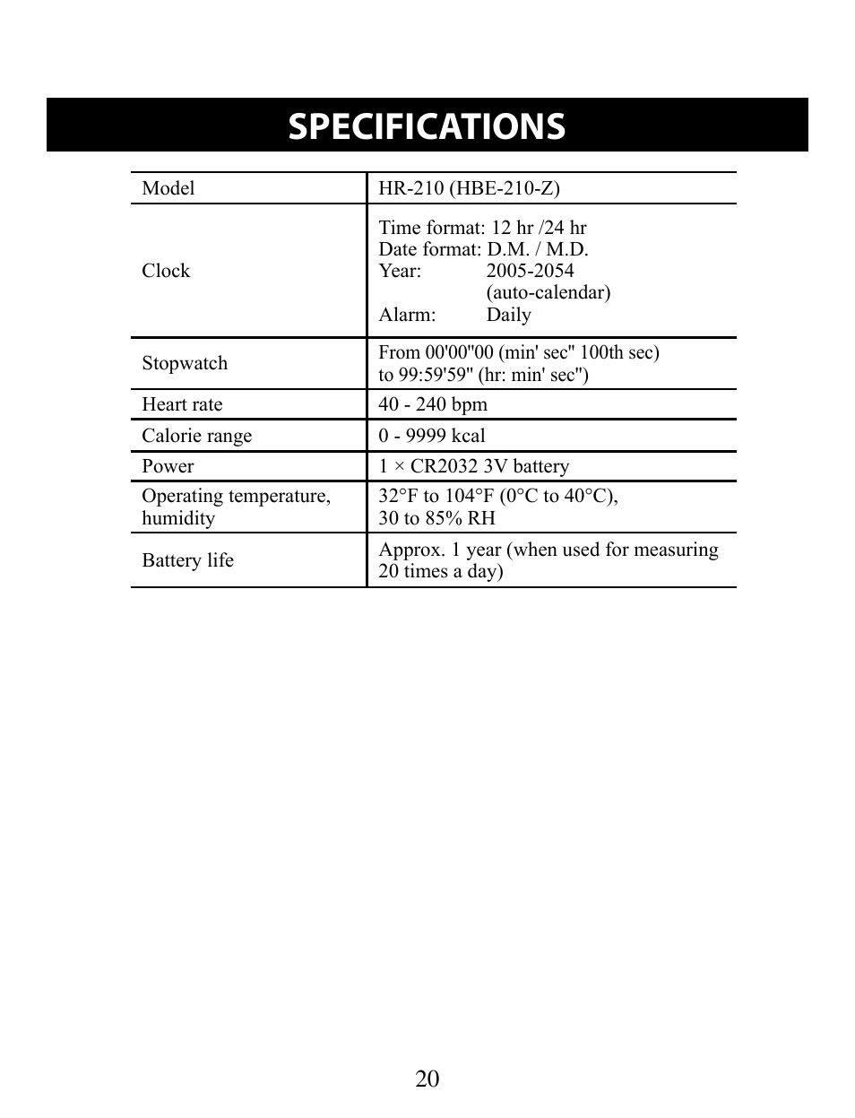 Specifications | Omron STRAPLESS HR-210 User Manual | Page 20 / 23