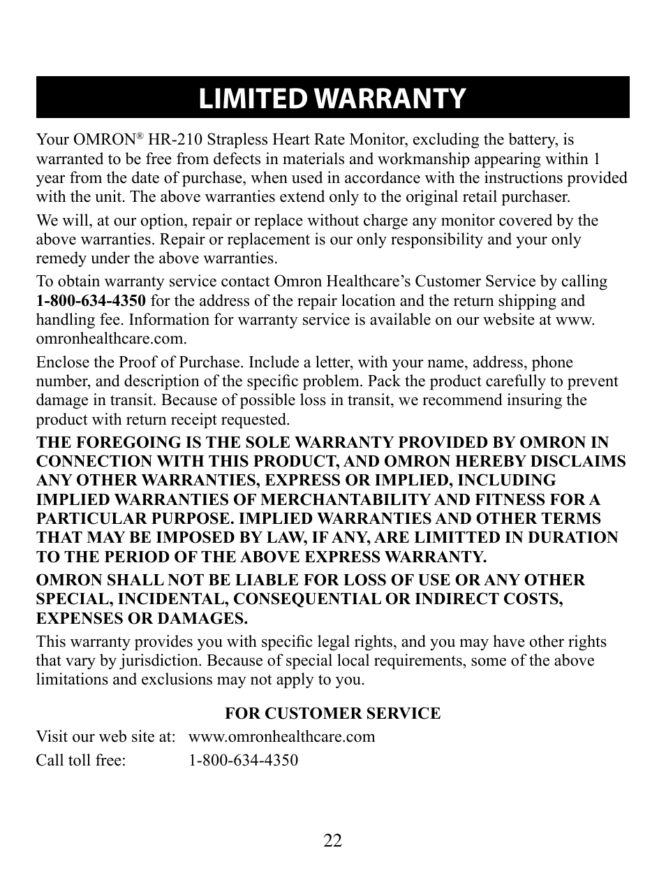 Limited warranty | Omron STRAPLESS HR-210 User Manual | Page 22 / 23