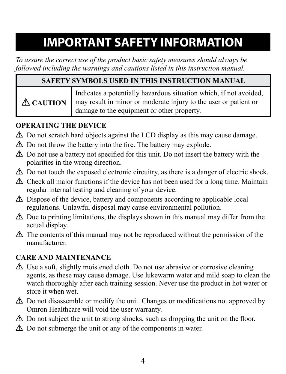 Important safety information, Operating the device, Care and maintenance | Omron STRAPLESS HR-210 User Manual | Page 4 / 23