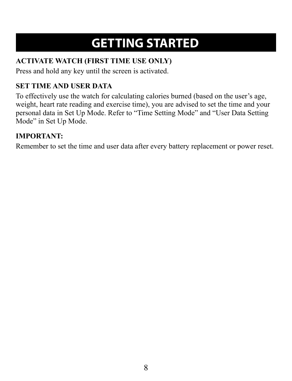 Getting started, Activate watch (first time use only), Set time and user data | Omron STRAPLESS HR-210 User Manual | Page 8 / 23