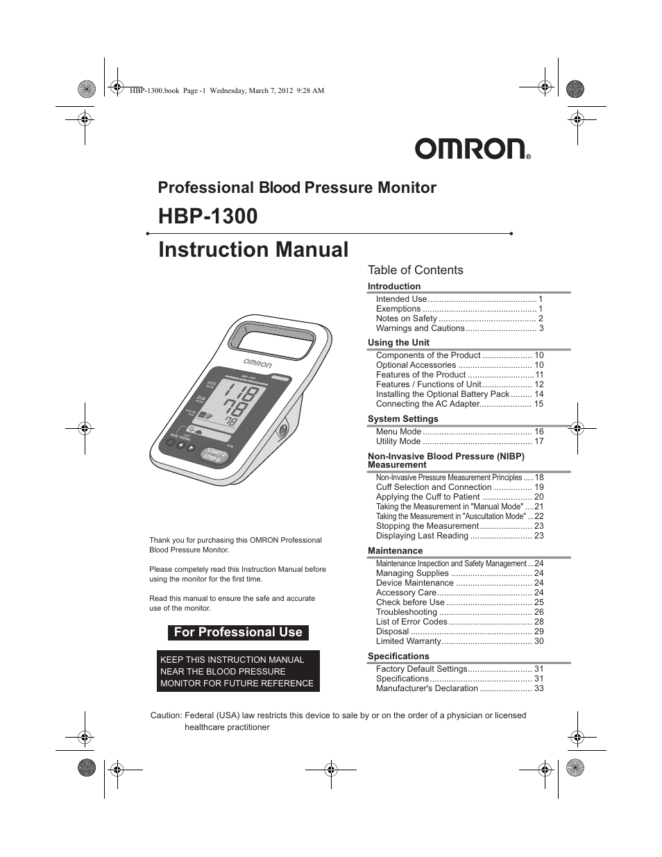 Omron Professional Blood Pressure Monitor HBP-1300 User Manual | 40 pages