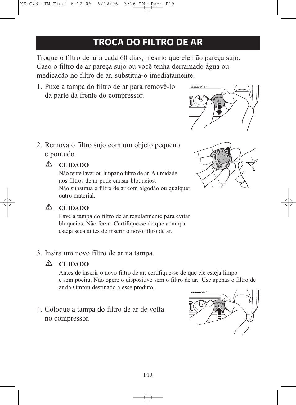 Troca do filtro de ar | Omron NE-C28 User Manual | Page 103 / 112
