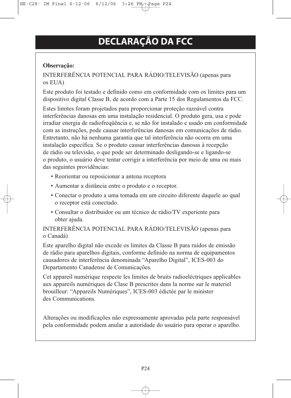 Declaração da fcc | Omron NE-C28 User Manual | Page 108 / 112
