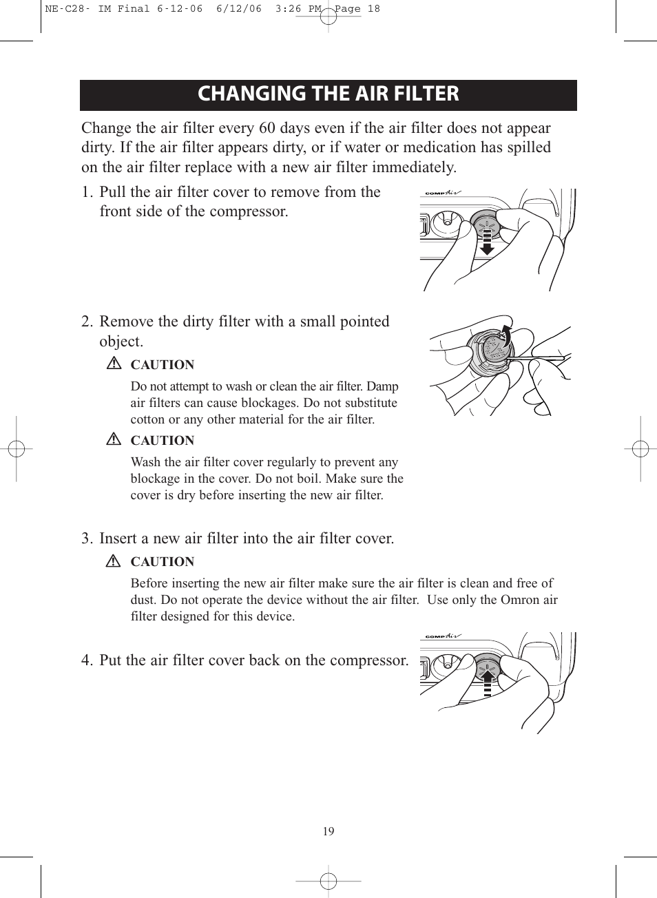 Changing the air filter | Omron NE-C28 User Manual | Page 19 / 112