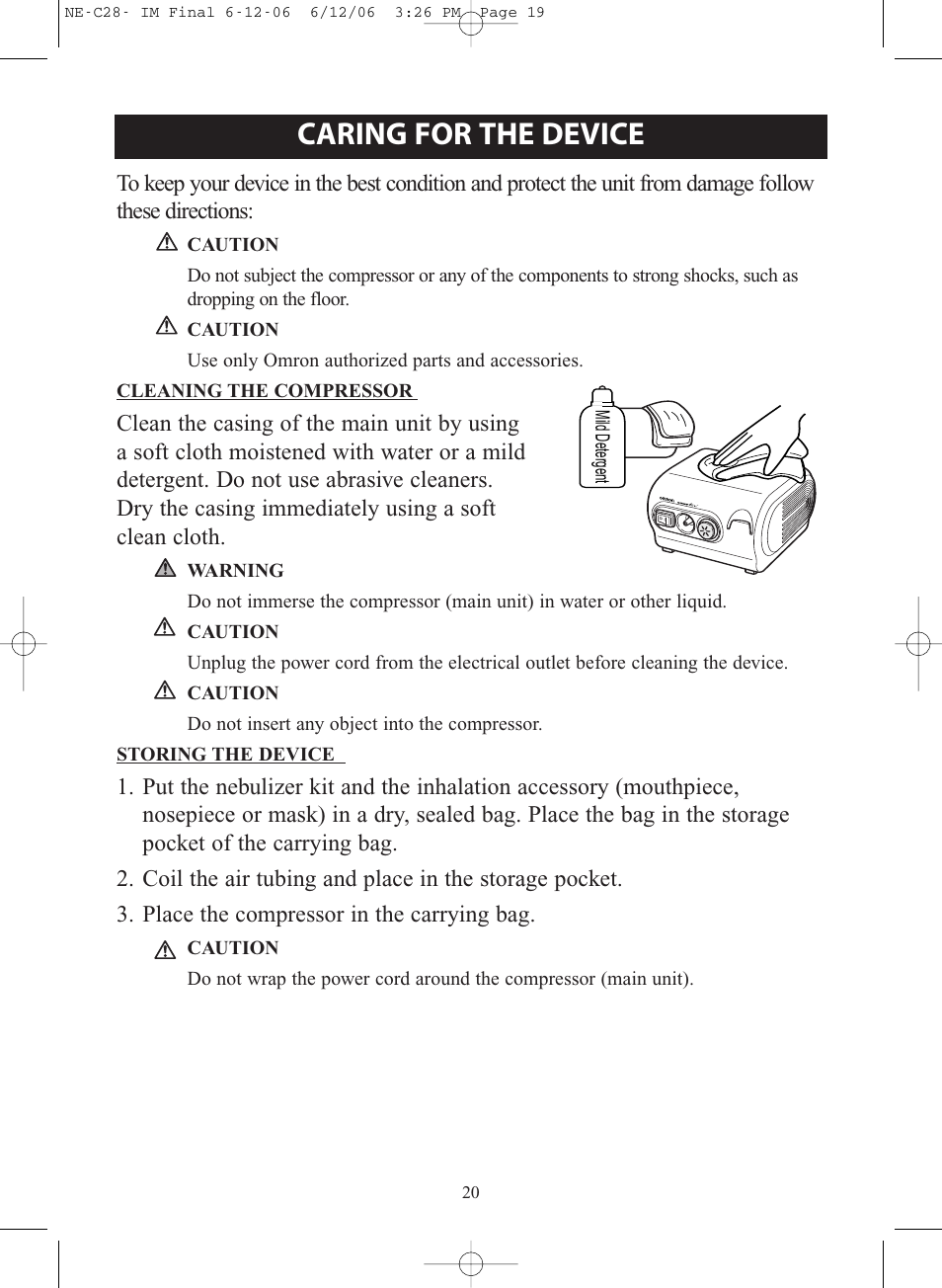 Caring for the device | Omron NE-C28 User Manual | Page 20 / 112