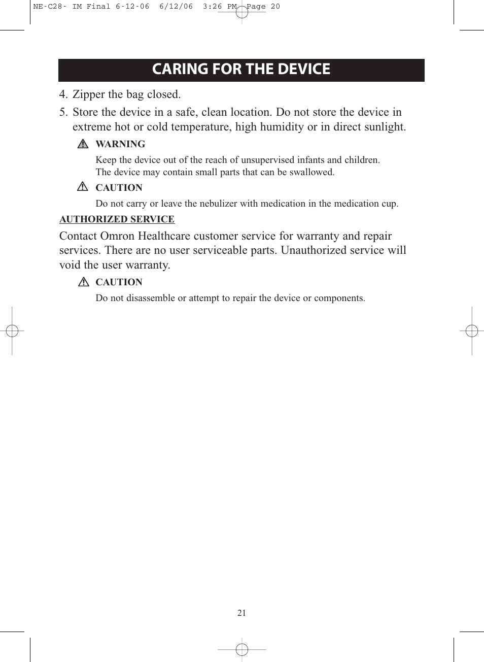 Caring for the device | Omron NE-C28 User Manual | Page 21 / 112