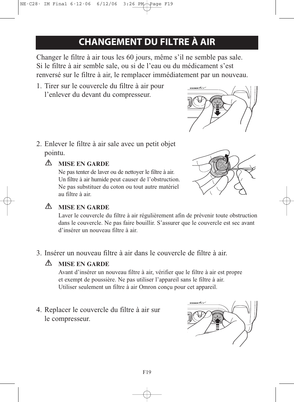 Changement du filtre à air | Omron NE-C28 User Manual | Page 47 / 112