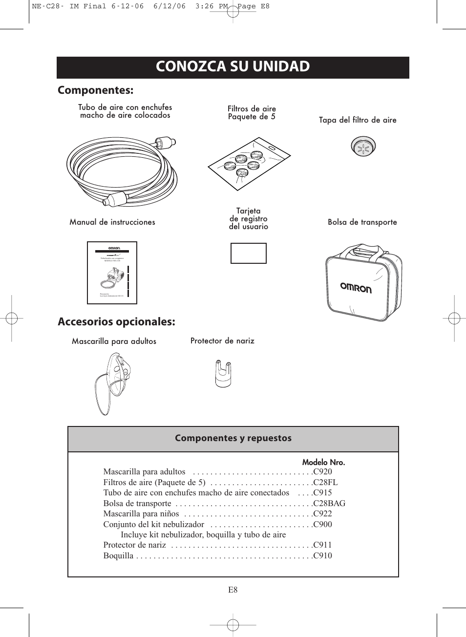 Conozca su unidad, Componentes: accesorios opcionales, Componentes y repuestos | Omron NE-C28 User Manual | Page 64 / 112