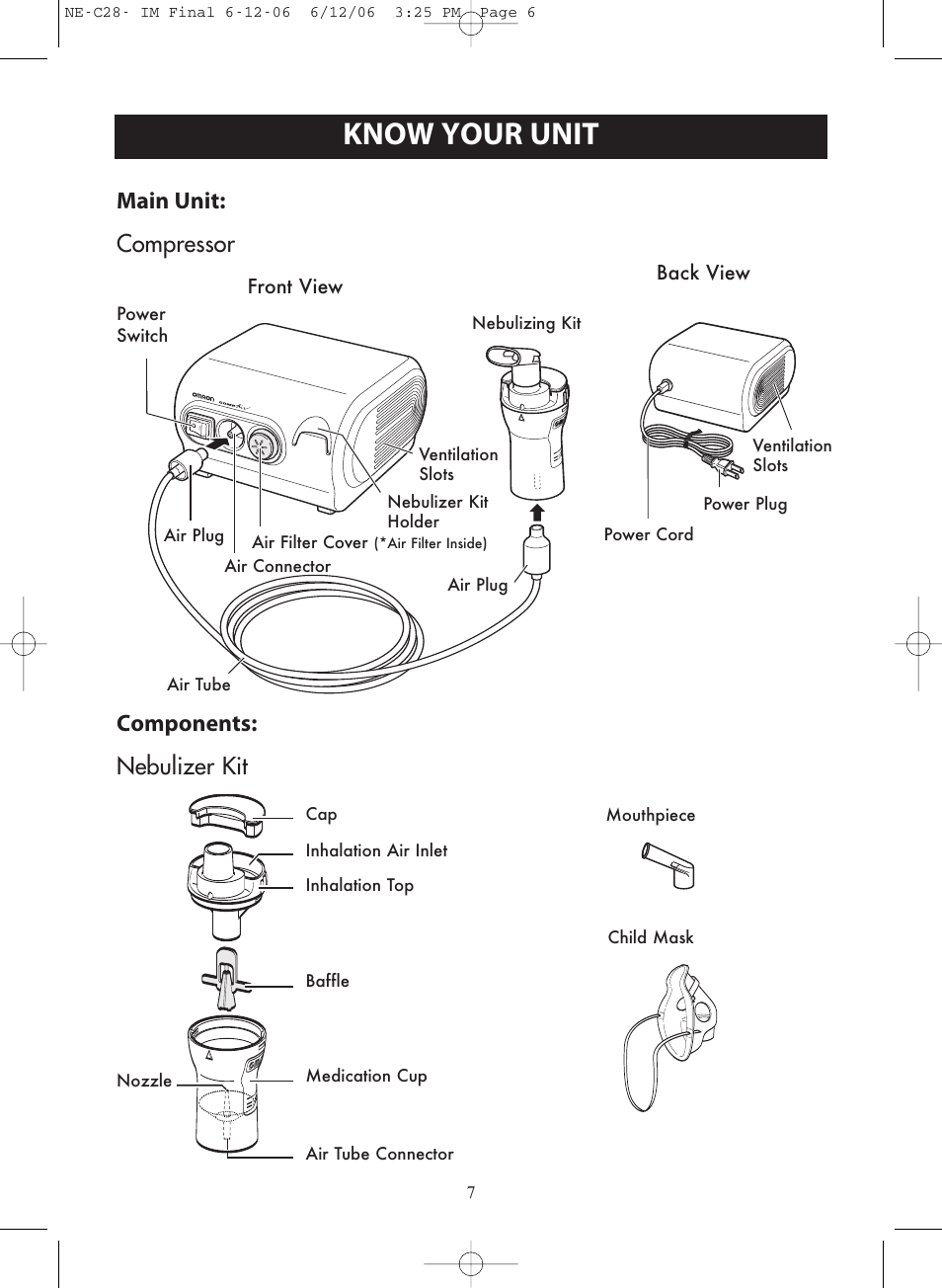 Know your unit, Main unit: compressor components: nebulizer kit | Omron NE-C28 User Manual | Page 7 / 112
