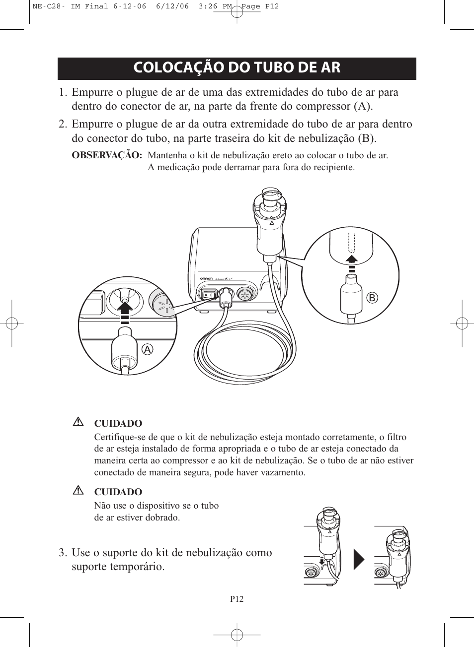 Colocação do tubo de ar | Omron NE-C28 User Manual | Page 96 / 112