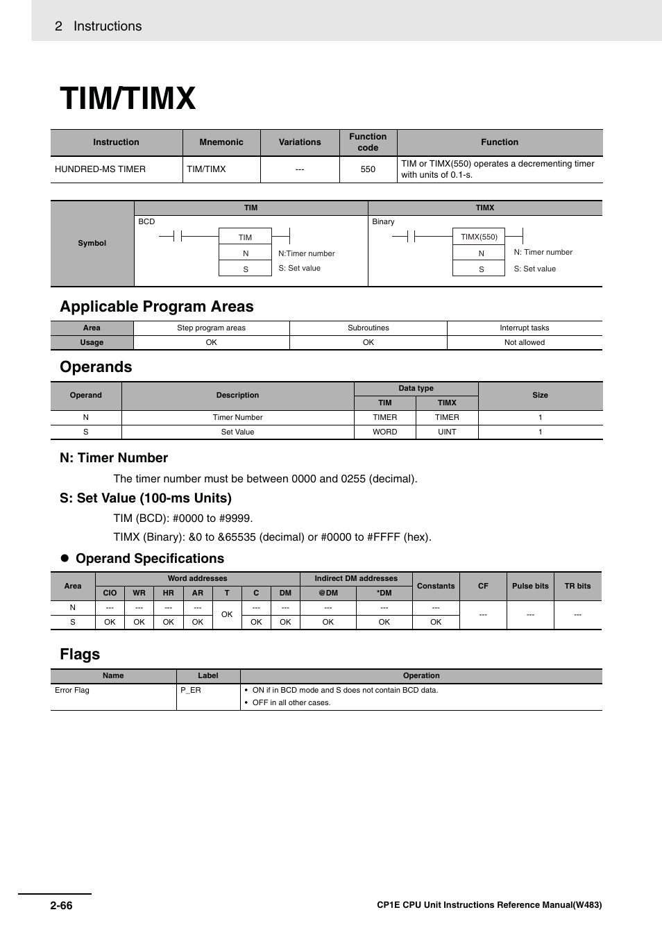 Tim/timx, Applicable program areas operands, Flags | 2 instructions, N: timer number, S: set value (100-ms units), Operand specifications | Omron SYSMAC CP CP1E-N@@D@-@ User Manual | Page 102 / 467
