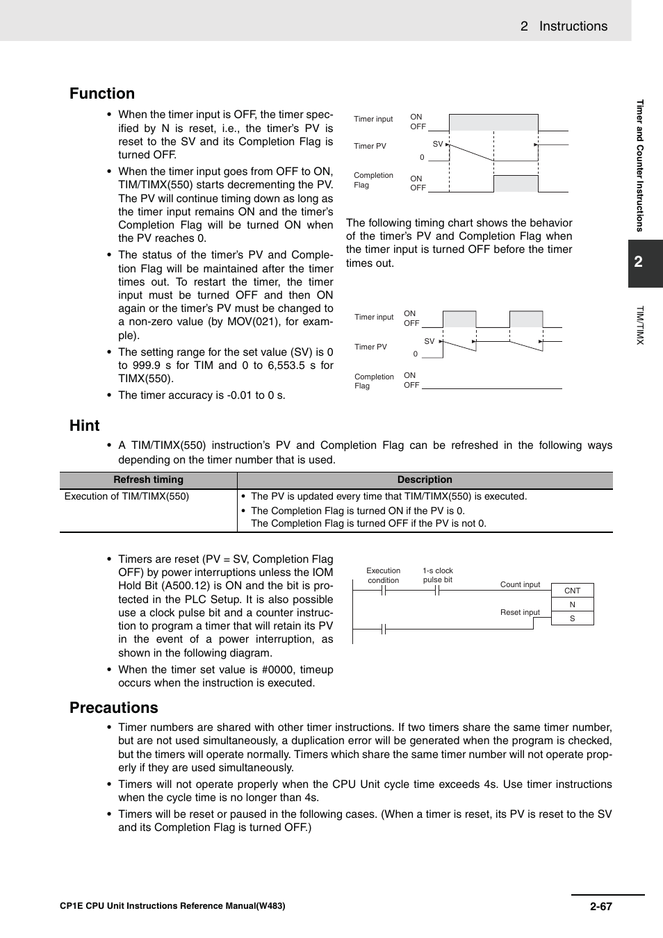 Function hint, Precautions, 2 instructions | Omron SYSMAC CP CP1E-N@@D@-@ User Manual | Page 103 / 467