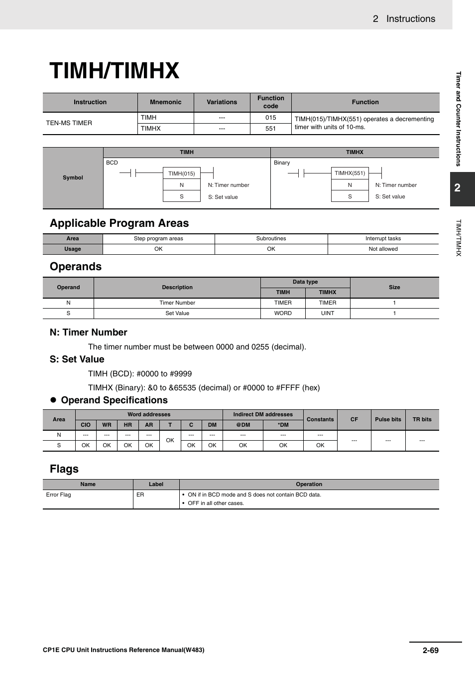 Timh/timhx, Applicable program areas operands, Flags | 2 instructions, N: timer number, S: set value, Operand specifications | Omron SYSMAC CP CP1E-N@@D@-@ User Manual | Page 105 / 467