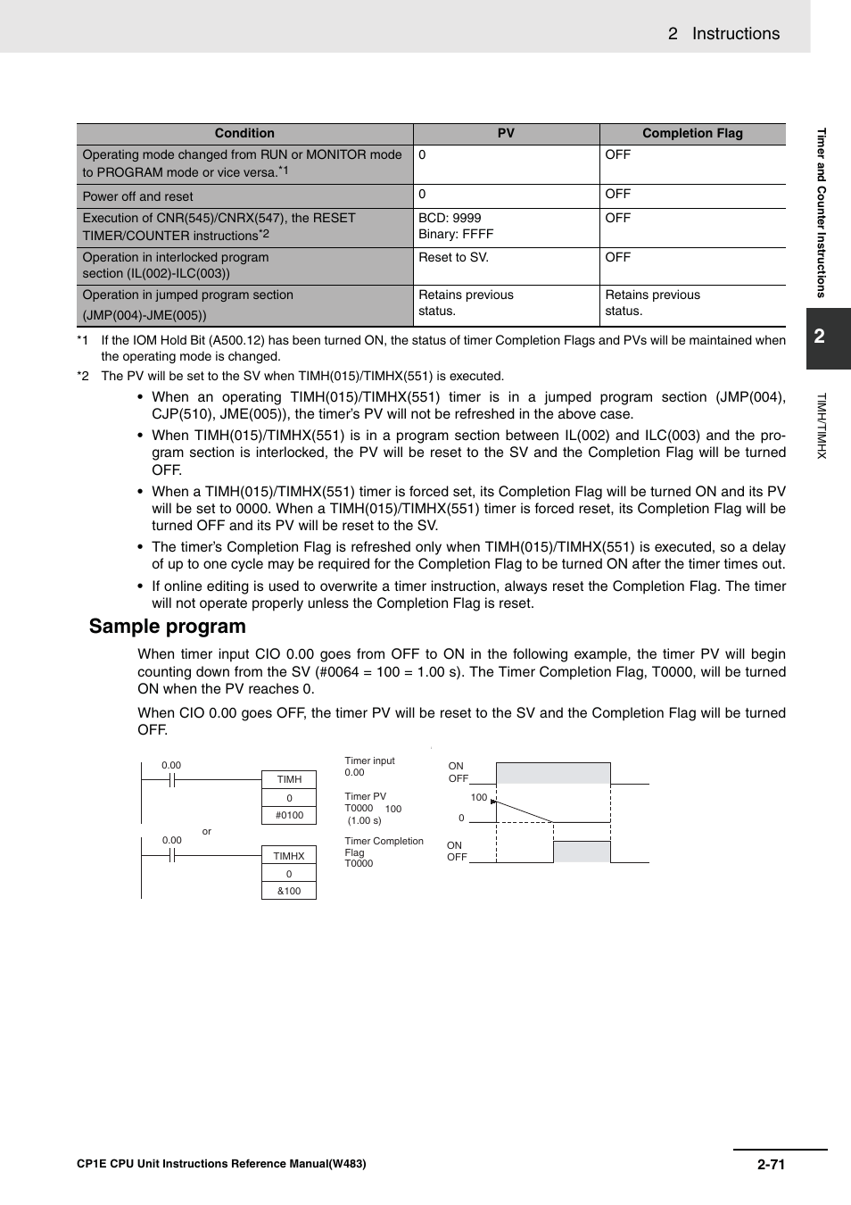 Sample program, 2 instructions | Omron SYSMAC CP CP1E-N@@D@-@ User Manual | Page 107 / 467