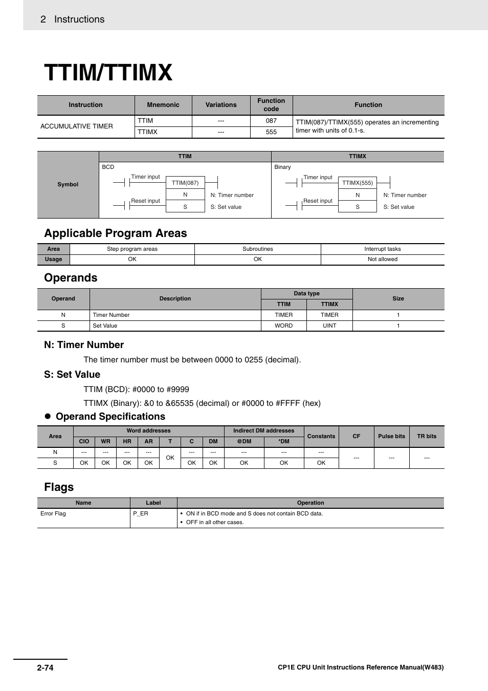 Ttim/ttimx, Applicable program areas operands, Flags | 2 instructions, N: timer number, S: set value, Operand specifications | Omron SYSMAC CP CP1E-N@@D@-@ User Manual | Page 110 / 467