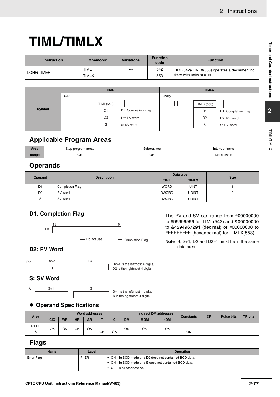 Timl/timlx, Applicable program areas operands, Flags | 2 instructions, Operand specifications, D1: completion flag d2: pv word s: sv word | Omron SYSMAC CP CP1E-N@@D@-@ User Manual | Page 113 / 467