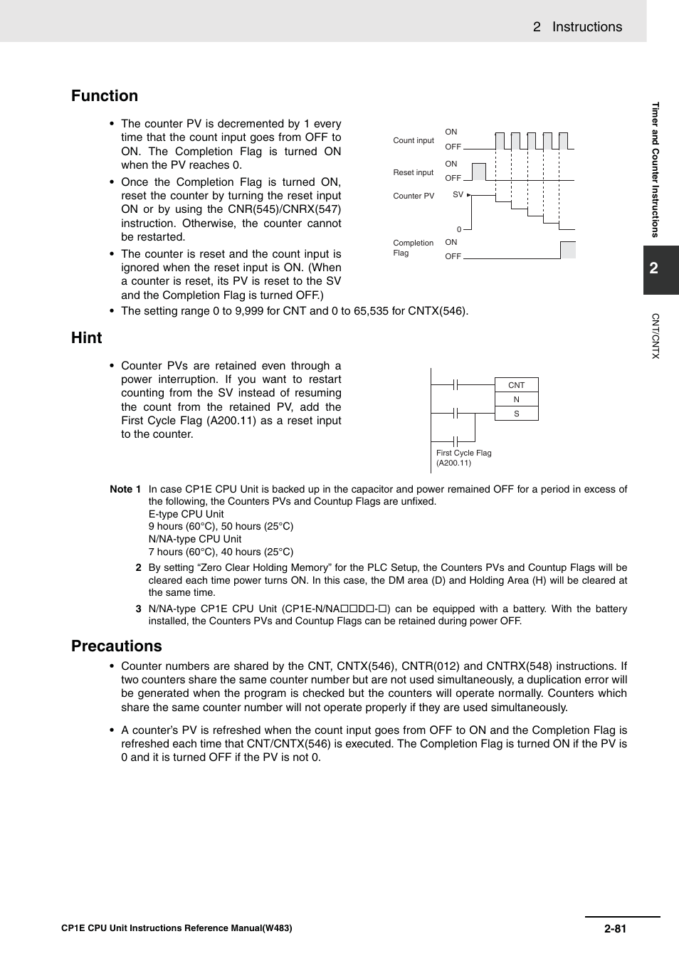 Function, Hint precautions, 2 instructions | Omron SYSMAC CP CP1E-N@@D@-@ User Manual | Page 117 / 467