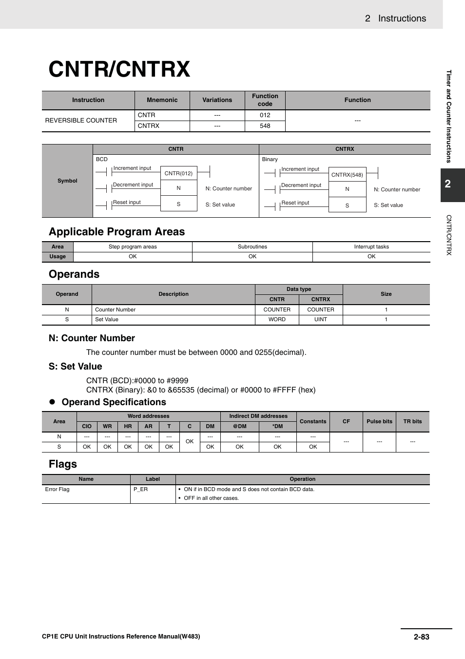 Cntr/cntrx, Applicable program areas operands, Flags | 2 instructions, N: counter number, S: set value, Operand specifications | Omron SYSMAC CP CP1E-N@@D@-@ User Manual | Page 119 / 467