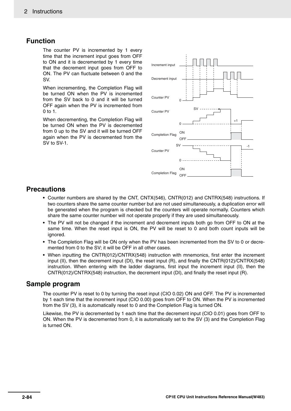 Function precautions, Sample program, 2 instructions | Omron SYSMAC CP CP1E-N@@D@-@ User Manual | Page 120 / 467