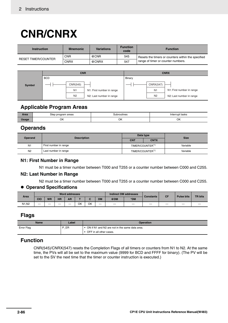 Cnr/cnrx, Applicable program areas operands, Flags function | 2 instructions, N1: first number in range, N2: last number in range, Operand specifications | Omron SYSMAC CP CP1E-N@@D@-@ User Manual | Page 122 / 467