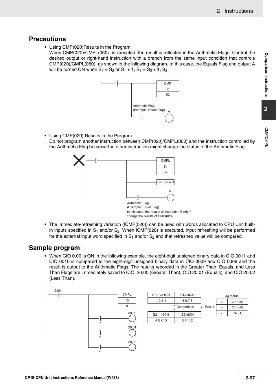 Precautions, Sample program, 2 instructions | Omron SYSMAC CP CP1E-N@@D@-@ User Manual | Page 133 / 467