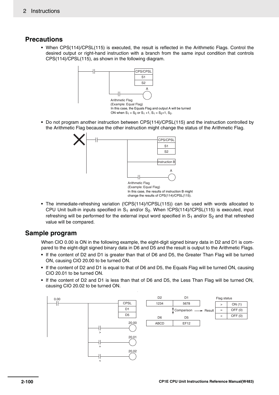 Precautions, Sample program, 2 instructions | Omron SYSMAC CP CP1E-N@@D@-@ User Manual | Page 136 / 467