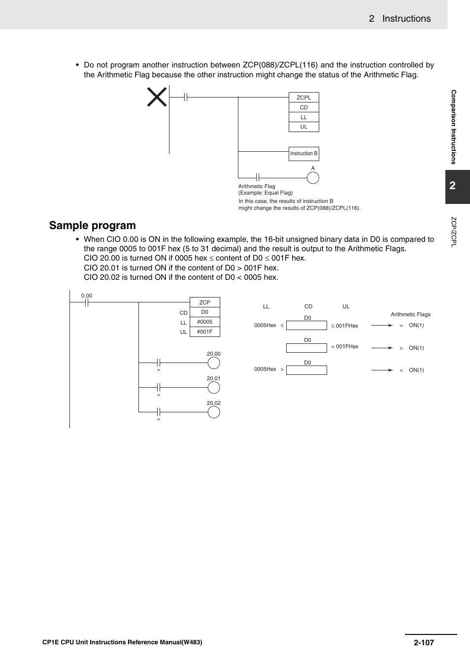 Sample program, 2 instructions | Omron SYSMAC CP CP1E-N@@D@-@ User Manual | Page 143 / 467
