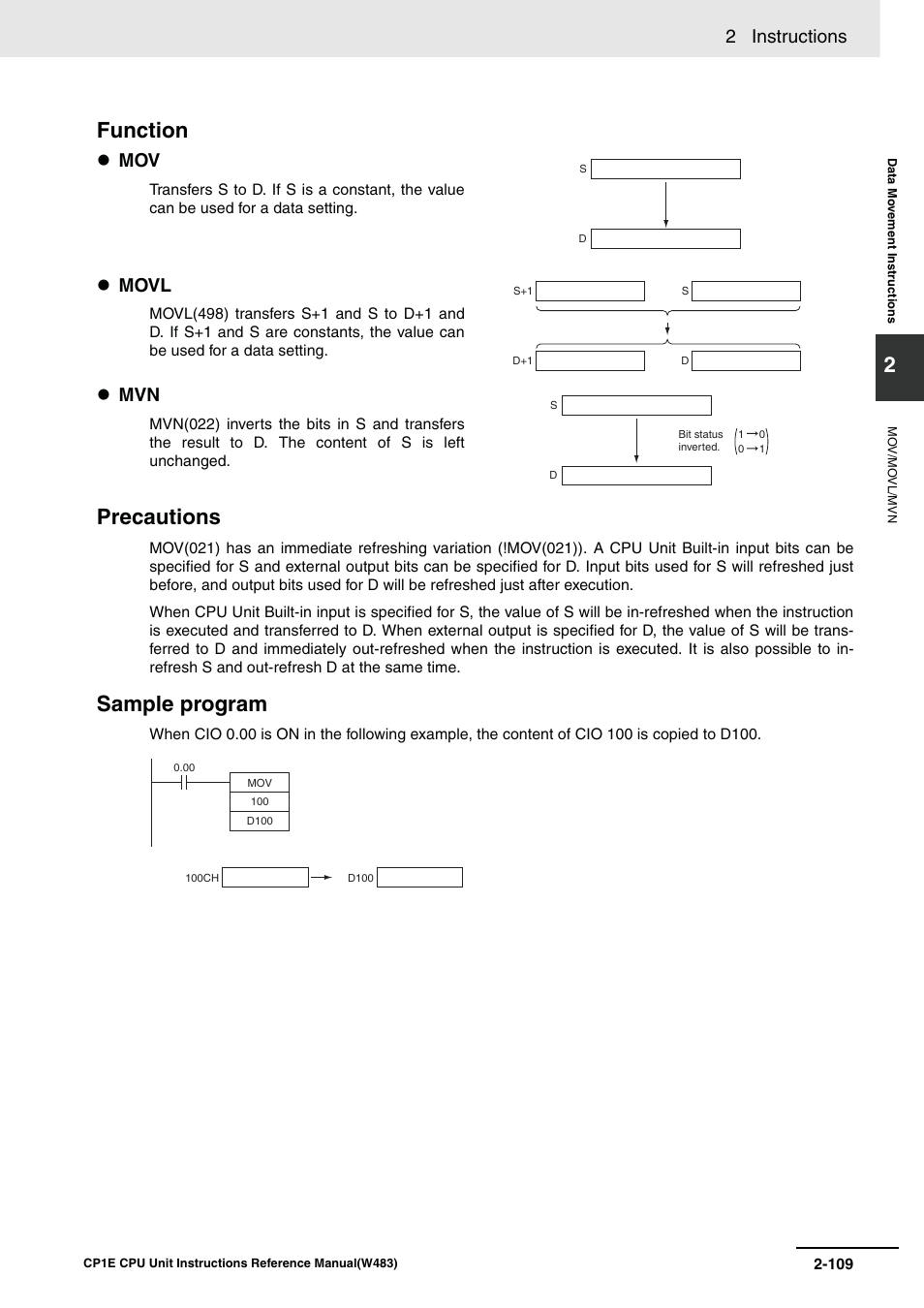 Function precautions, Sample program, 2 instructions | Movl | Omron SYSMAC CP CP1E-N@@D@-@ User Manual | Page 145 / 467