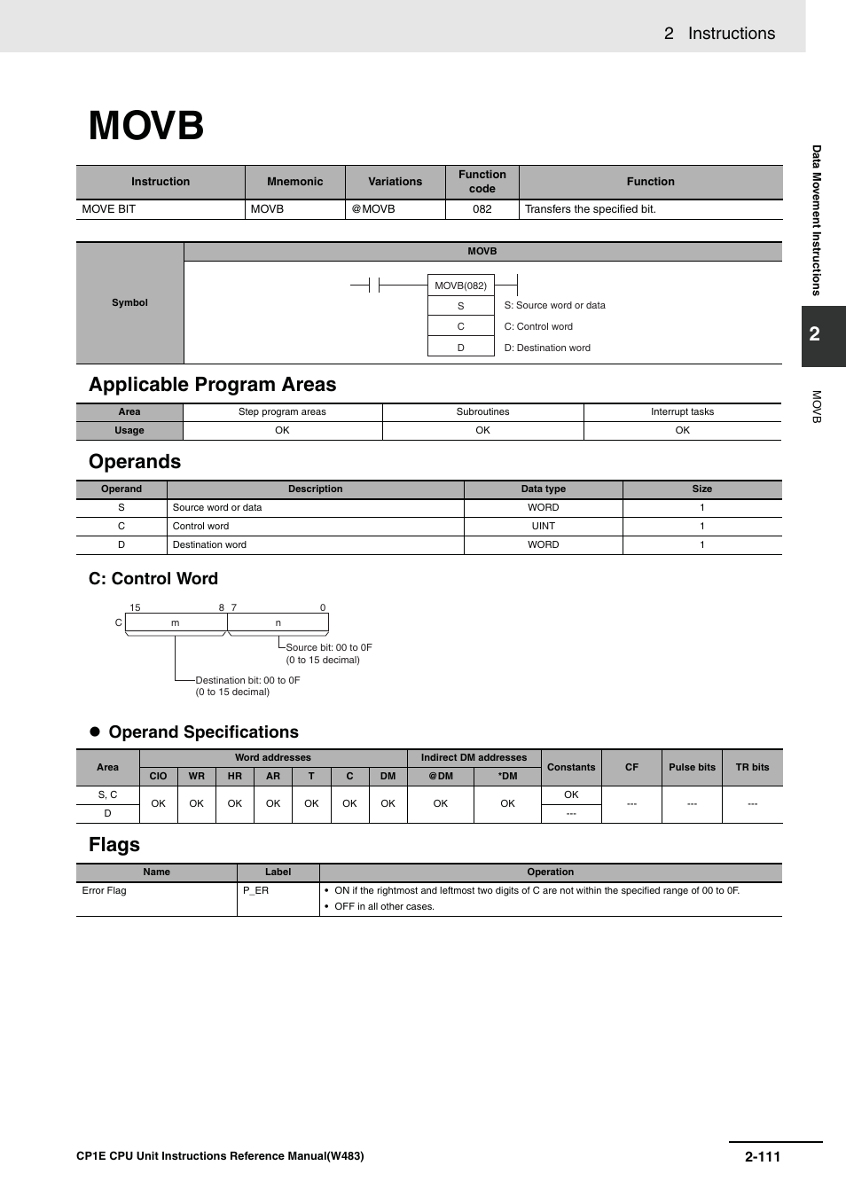 Movb, Applicable program areas operands, Flags | 2 instructions, C: control word operand specifications | Omron SYSMAC CP CP1E-N@@D@-@ User Manual | Page 147 / 467