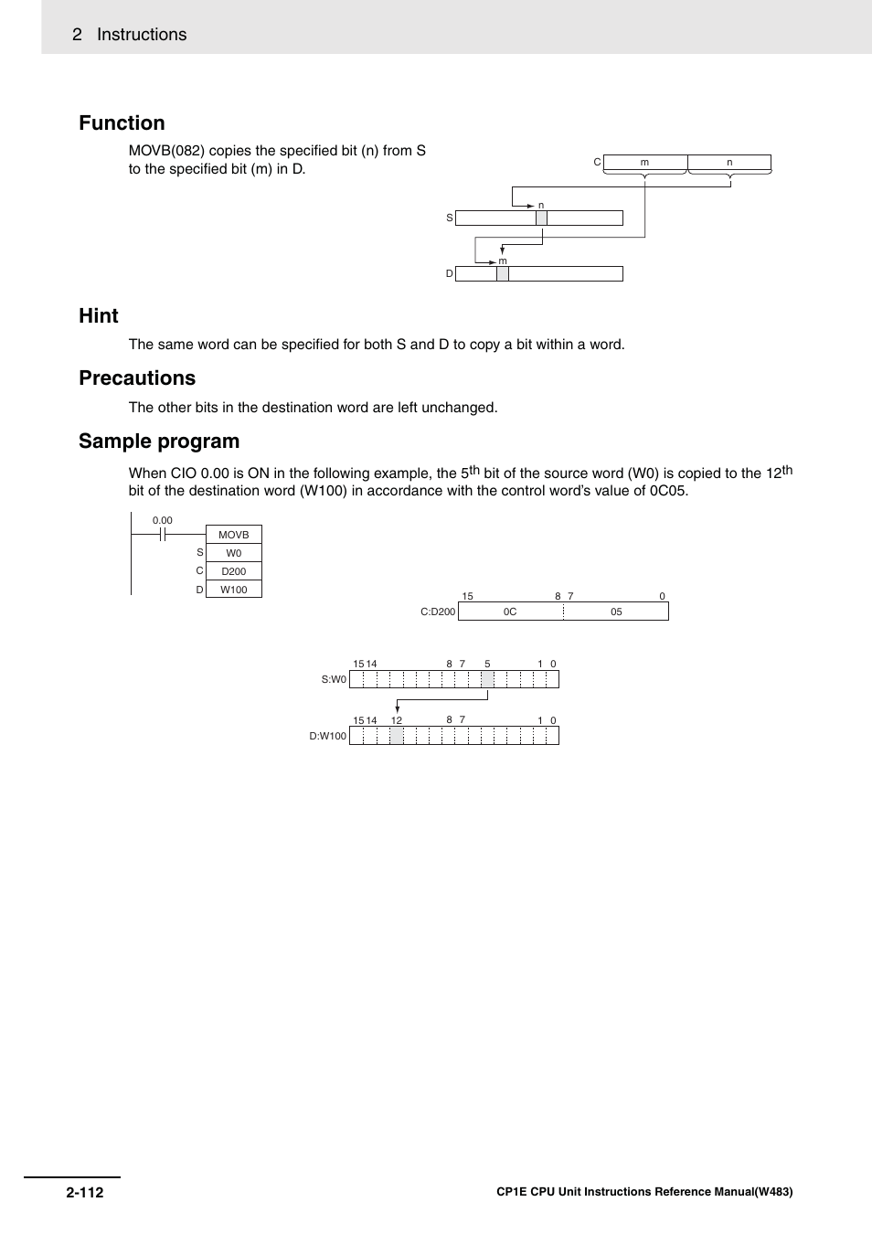 Function hint, Precautions, Sample program | 2 instructions | Omron SYSMAC CP CP1E-N@@D@-@ User Manual | Page 148 / 467