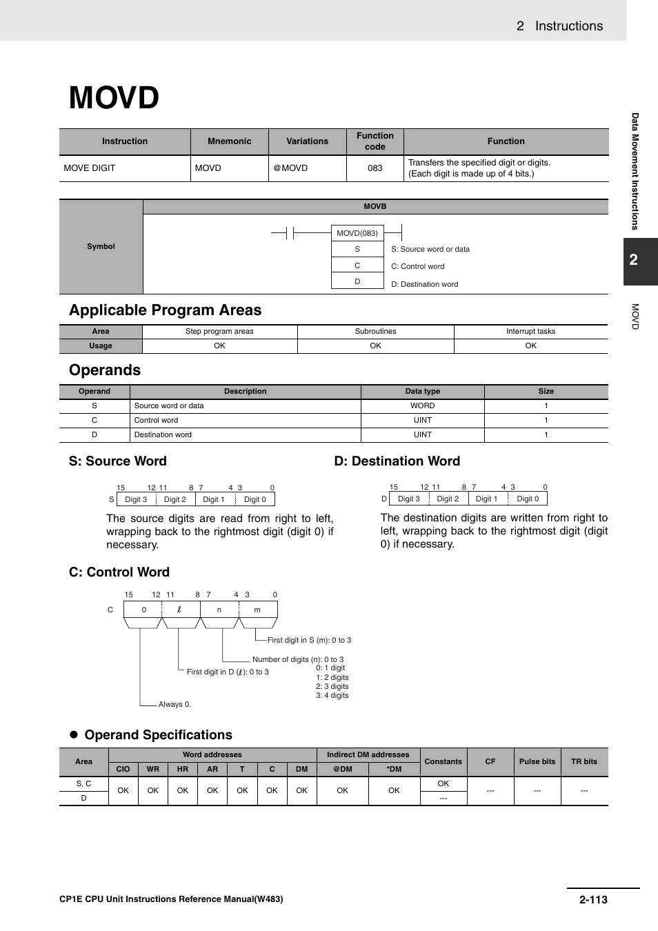 Movd, Applicable program areas operands, 2 instructions | Omron SYSMAC CP CP1E-N@@D@-@ User Manual | Page 149 / 467